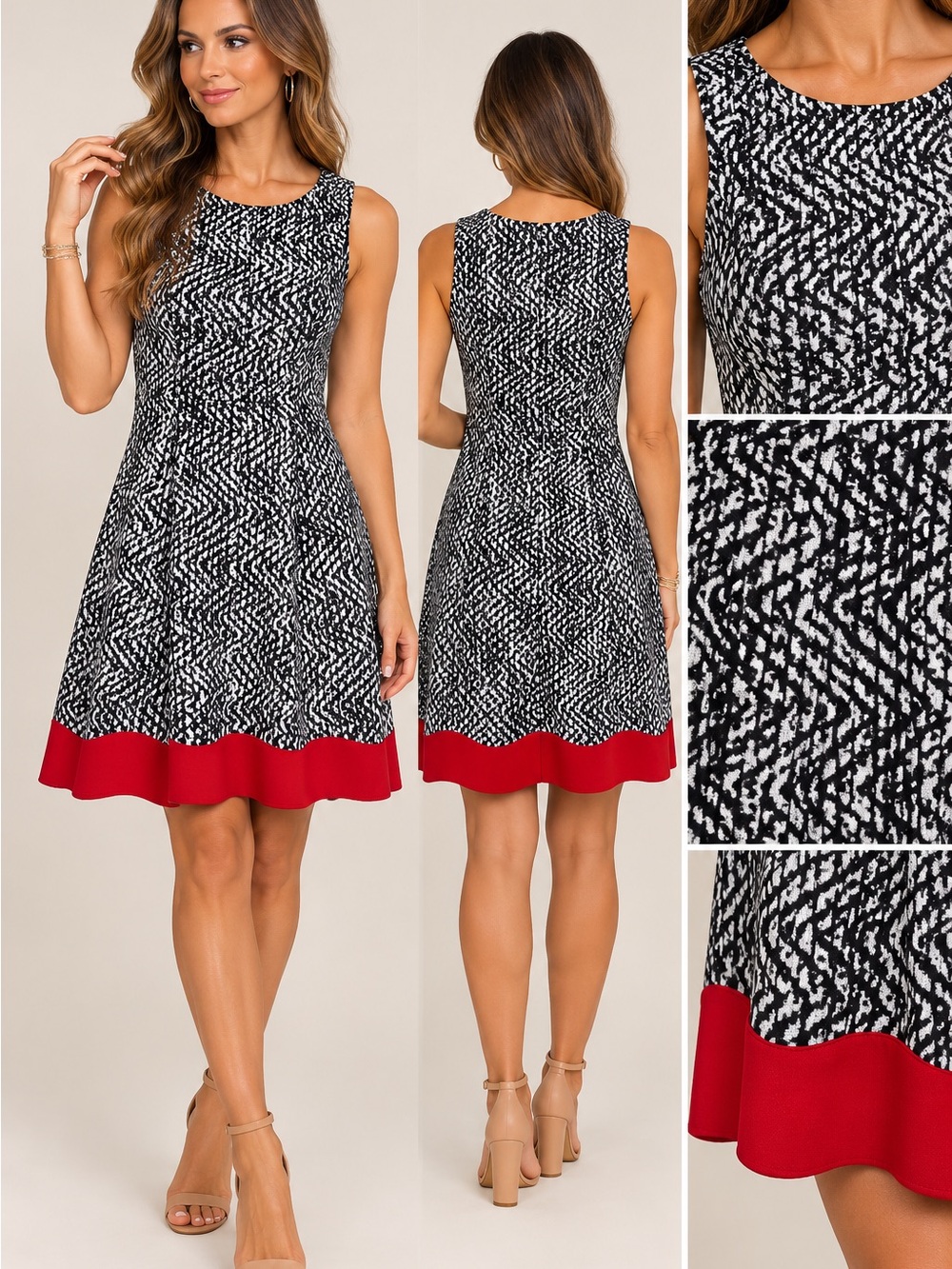 Alyx Black & White Patterned Sleeveless Dress with Red Hem